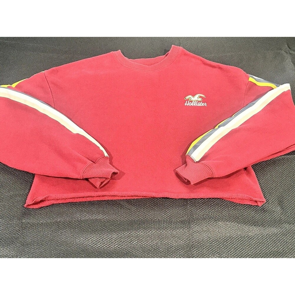 Hollister Burgundy Cropped Sweatshirt, Women’s Small, Striped Sleeves, Y2K Style